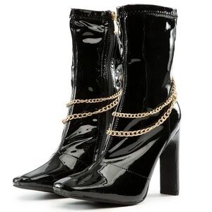Liliana Black Patent High-Heel Ankle Boots with Gold Chain Detail